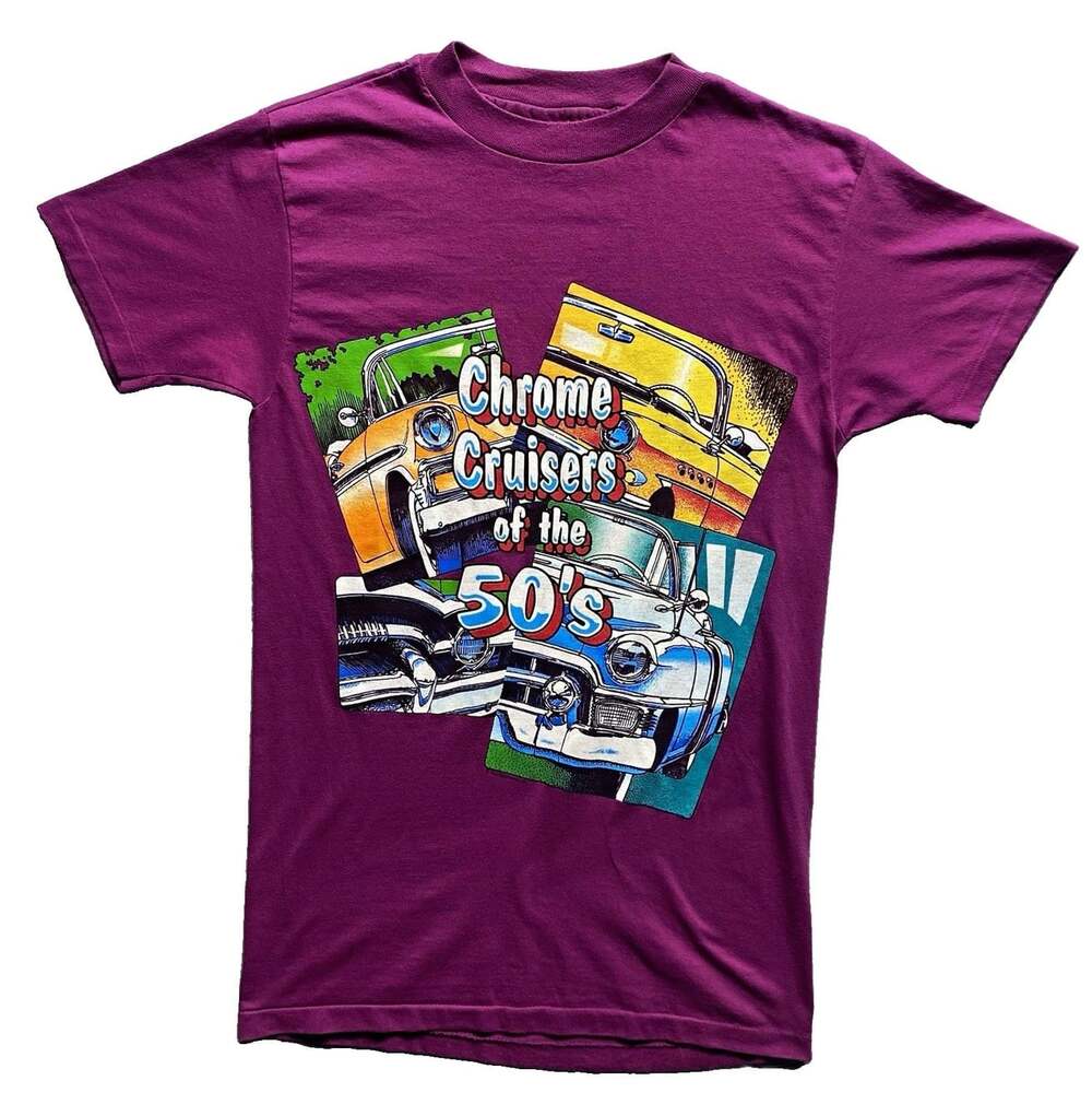 Vtg 90s Chrome Cruisers of the 50's Cars Graphic T-Shirt Sof Tee Purple M